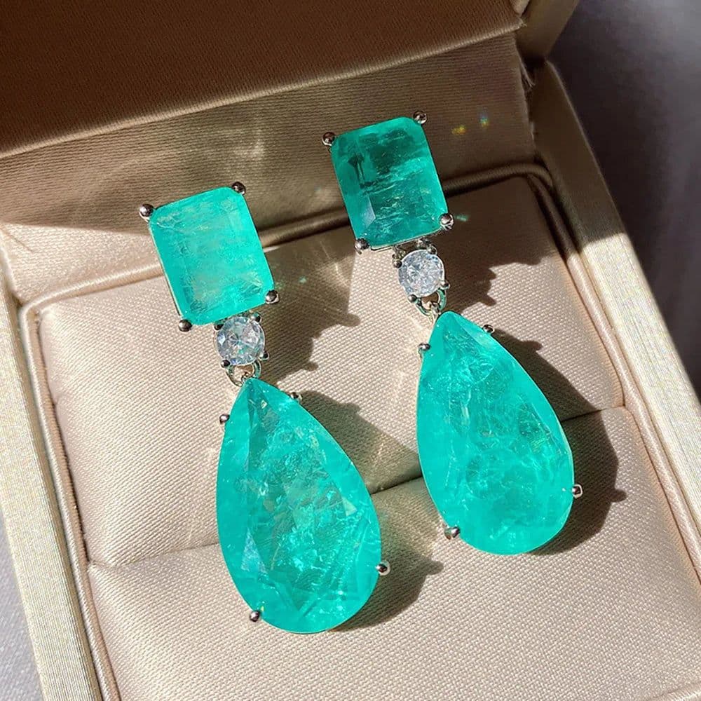 image-2021 Trend Paraiba Tourmaline Emerald Gemstone Big Drop Earrings for Women Cocktail Party Fine Jewelry Anniversary Female Gift