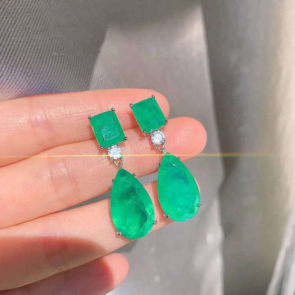 image-2021 Trend Paraiba Tourmaline Emerald Gemstone Big Drop Earrings for Women Cocktail Party Fine Jewelry Anniversary Female Gift