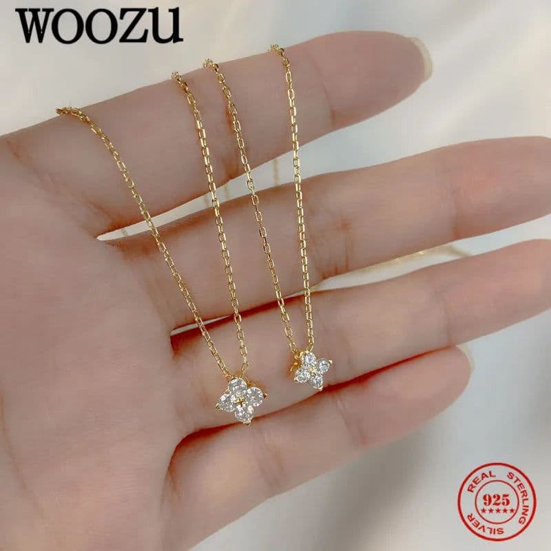image-WOOZU 925 Sterling Silver French Cute Four-Leaf Flower Pendant Necklaces For Women Luxury Clavicle Chain 14k Gold Plated Jewelry