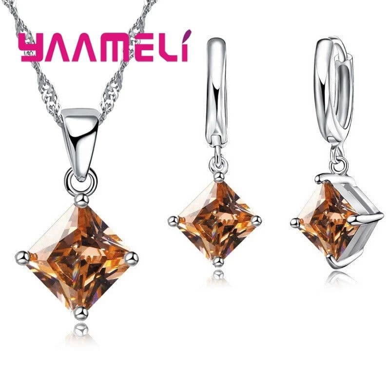 image-New Fashion Women Pendants Necklace Simple Geometry Square Earrings Crystal 925 Sterling Silver Jewelry Sets for Wedding
