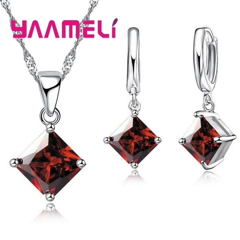 image-New Fashion Women Pendants Necklace Simple Geometry Square Earrings Crystal 925 Sterling Silver Jewelry Sets for Wedding