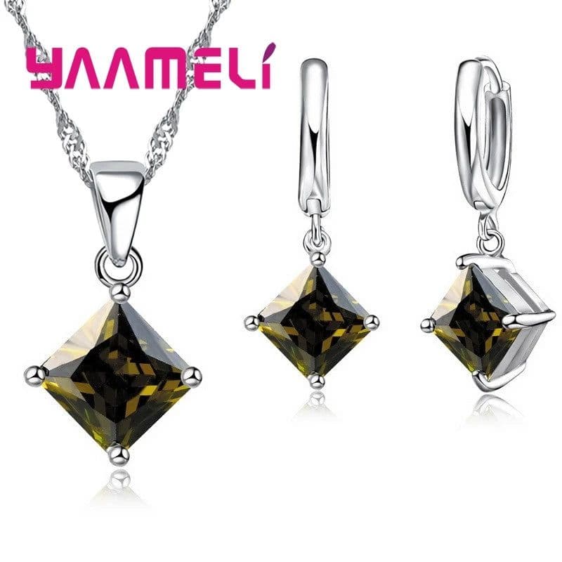 image-New Fashion Women Pendants Necklace Simple Geometry Square Earrings Crystal 925 Sterling Silver Jewelry Sets for Wedding