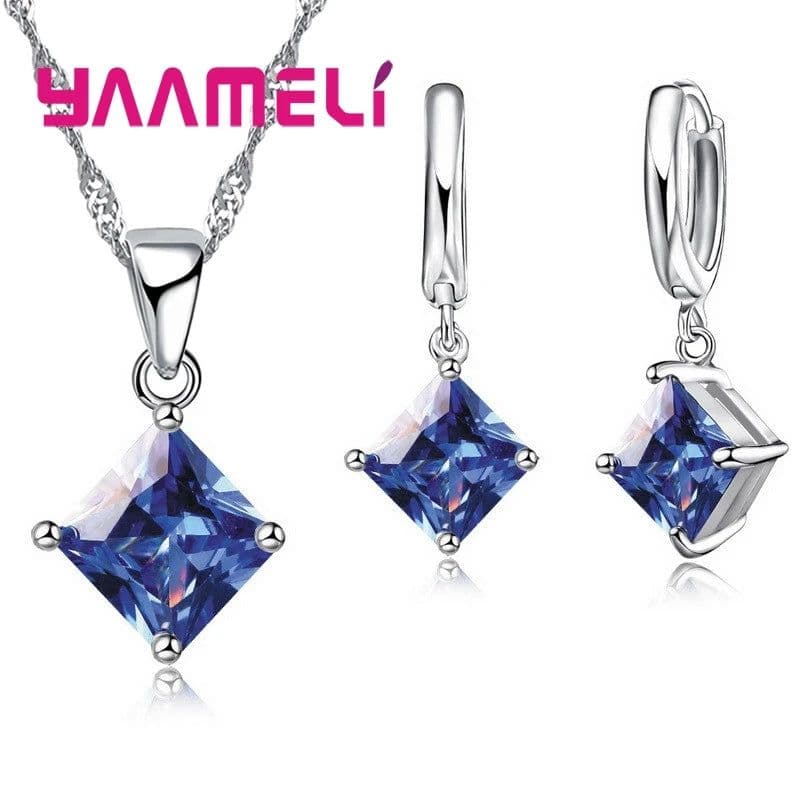 image-New Fashion Women Pendants Necklace Simple Geometry Square Earrings Crystal 925 Sterling Silver Jewelry Sets for Wedding