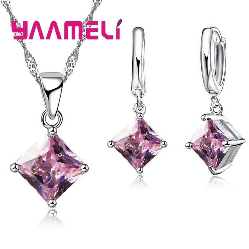 image-New Fashion Women Pendants Necklace Simple Geometry Square Earrings Crystal 925 Sterling Silver Jewelry Sets for Wedding