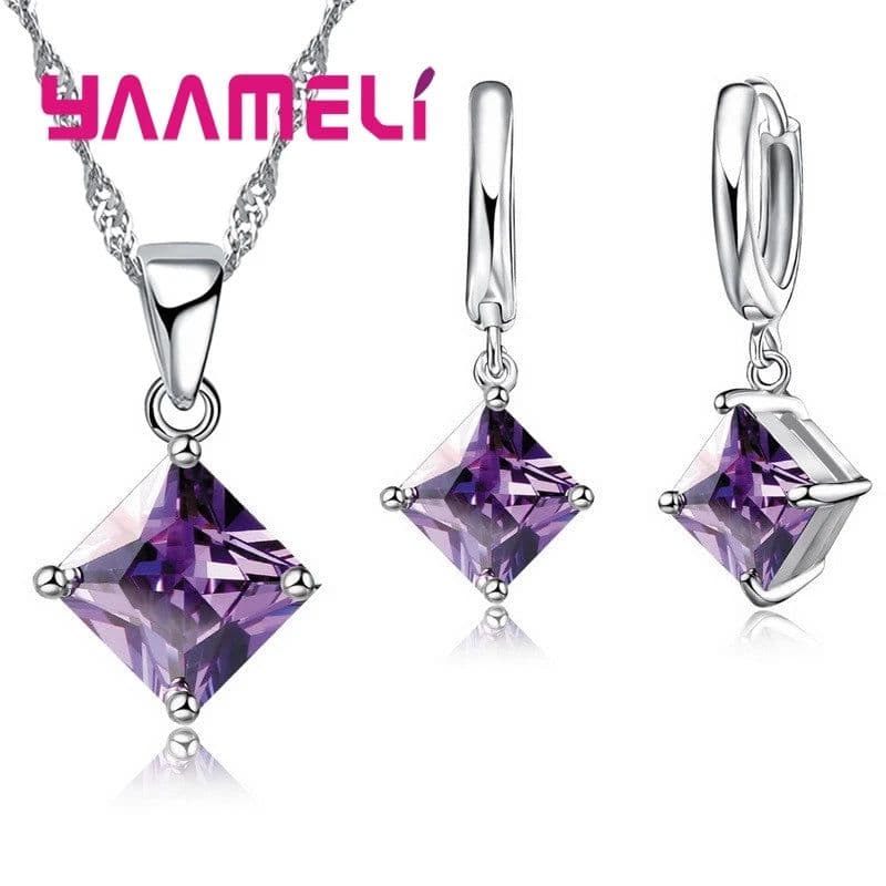 image-New Fashion Women Pendants Necklace Simple Geometry Square Earrings Crystal 925 Sterling Silver Jewelry Sets for Wedding