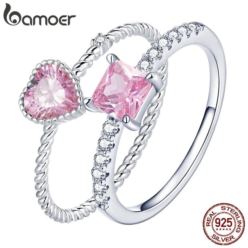 image-bamoer Real 925 Sterling Silver Pink Love CZ Ring For Fashion Women Cute Fine Jewelry Wedding Accessories Gift BSR157