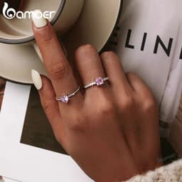 image-bamoer Real 925 Sterling Silver Pink Love CZ Ring For Fashion Women Cute Fine Jewelry Wedding Accessories Gift BSR157