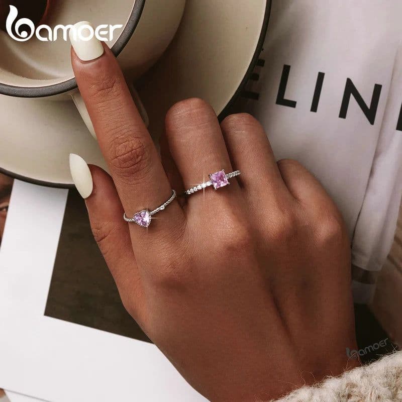 image-bamoer Real 925 Sterling Silver Pink Love CZ Ring For Fashion Women Cute Fine Jewelry Wedding Accessories Gift BSR157