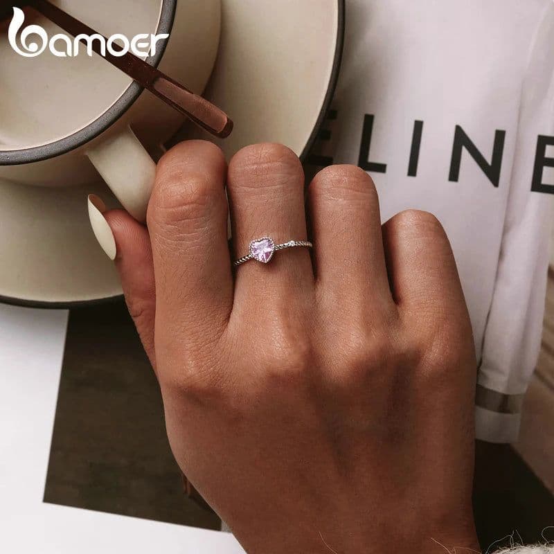 image-bamoer Real 925 Sterling Silver Pink Love CZ Ring For Fashion Women Cute Fine Jewelry Wedding Accessories Gift BSR157