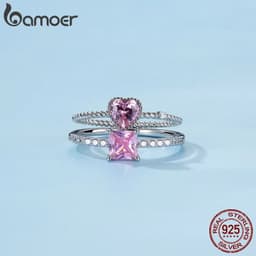 image-bamoer Real 925 Sterling Silver Pink Love CZ Ring For Fashion Women Cute Fine Jewelry Wedding Accessories Gift BSR157