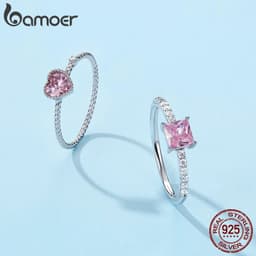 image-bamoer Real 925 Sterling Silver Pink Love CZ Ring For Fashion Women Cute Fine Jewelry Wedding Accessories Gift BSR157