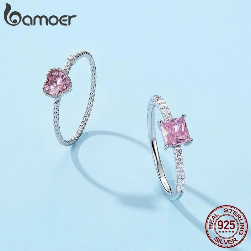 image-bamoer Real 925 Sterling Silver Pink Love CZ Ring For Fashion Women Cute Fine Jewelry Wedding Accessories Gift BSR157