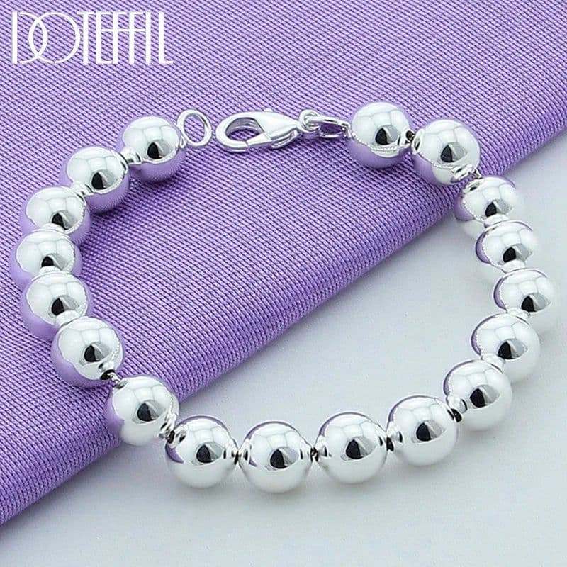 image-DOTEFFIL 925 Sterling Silver 24K Gold 8mm/10mm Hollow Circle Ball Beads Silver Beaded 20cm Bracelet Woman Charm Fashion Jewelry