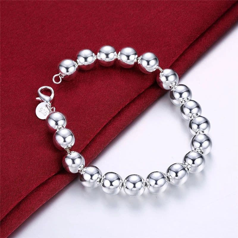 image-DOTEFFIL 925 Sterling Silver 24K Gold 8mm/10mm Hollow Circle Ball Beads Silver Beaded 20cm Bracelet Woman Charm Fashion Jewelry