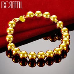 image-DOTEFFIL 925 Sterling Silver 24K Gold 8mm/10mm Hollow Circle Ball Beads Silver Beaded 20cm Bracelet Woman Charm Fashion Jewelry