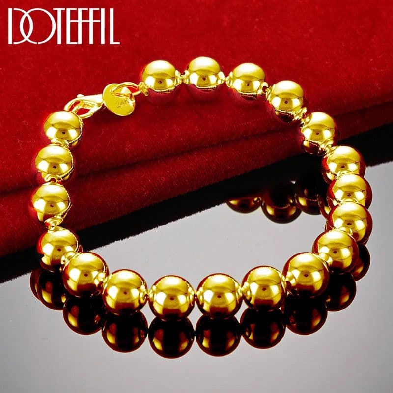 image-DOTEFFIL 925 Sterling Silver 24K Gold 8mm/10mm Hollow Circle Ball Beads Silver Beaded 20cm Bracelet Woman Charm Fashion Jewelry