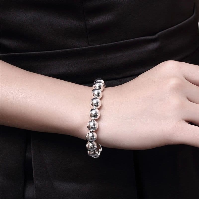 image-DOTEFFIL 925 Sterling Silver 24K Gold 8mm/10mm Hollow Circle Ball Beads Silver Beaded 20cm Bracelet Woman Charm Fashion Jewelry