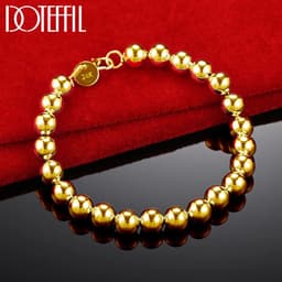 image-DOTEFFIL 925 Sterling Silver 24K Gold 8mm/10mm Hollow Circle Ball Beads Silver Beaded 20cm Bracelet Woman Charm Fashion Jewelry