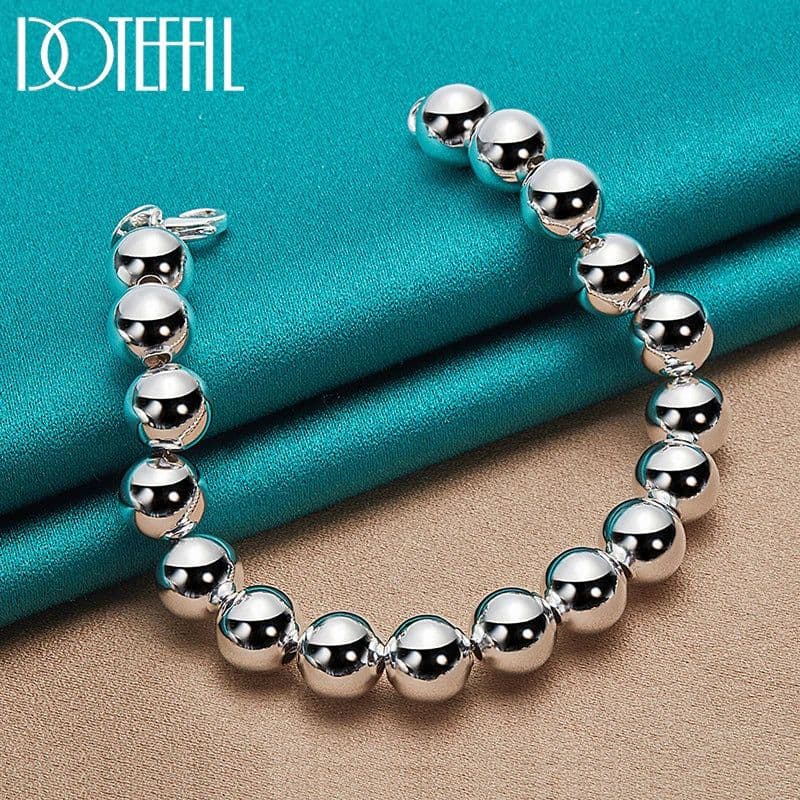 image-DOTEFFIL 925 Sterling Silver 24K Gold 8mm/10mm Hollow Circle Ball Beads Silver Beaded 20cm Bracelet Woman Charm Fashion Jewelry