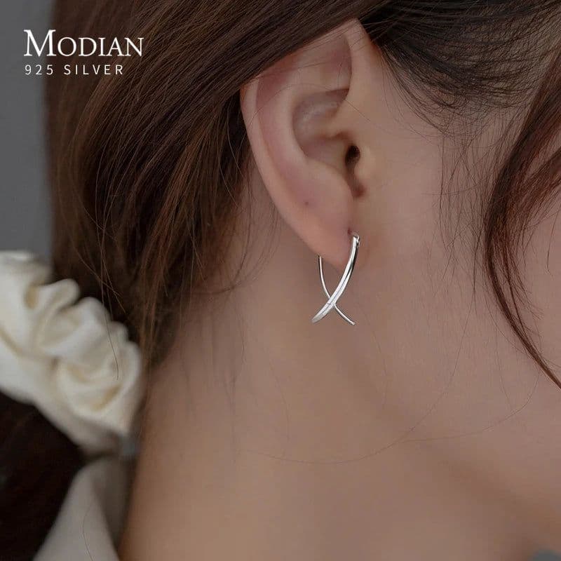 image-Modian Solid 925 Sterling Silver Simple Abstract Style Ear Buckles for Women Fine Jewelry Summer Party Hoop Earrings Accessories