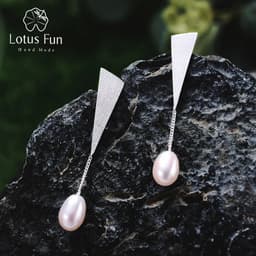 image-Lotus Fun Real 925 Sterling Silver Natural Pearl Earrings Handmade Fine Jewelry Triangle Water Drop Dangle Earrings for Women