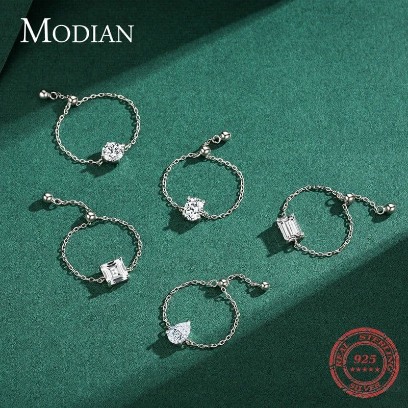 image-Modian 5 Style Clear CZ Link Chain Ring Trendy 925 Sterling Silver Adjustable Charm Gold Color Rings For Women Wedding Jewelry