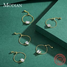 image-Modian 5 Style Clear CZ Link Chain Ring Trendy 925 Sterling Silver Adjustable Charm Gold Color Rings For Women Wedding Jewelry