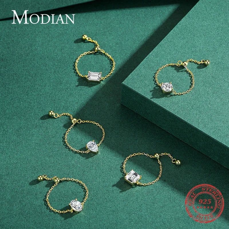 image-Modian 5 Style Clear CZ Link Chain Ring Trendy 925 Sterling Silver Adjustable Charm Gold Color Rings For Women Wedding Jewelry