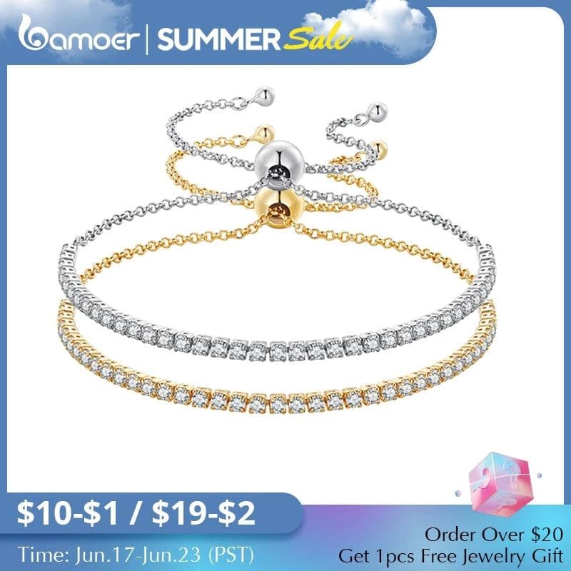 image-BAMOER 14K Gold Plated CZ Classic Tennis Bracelet for Women, 925 Sterling Silver Adjustable Slider Bracelet Wedding Jewelry Gift