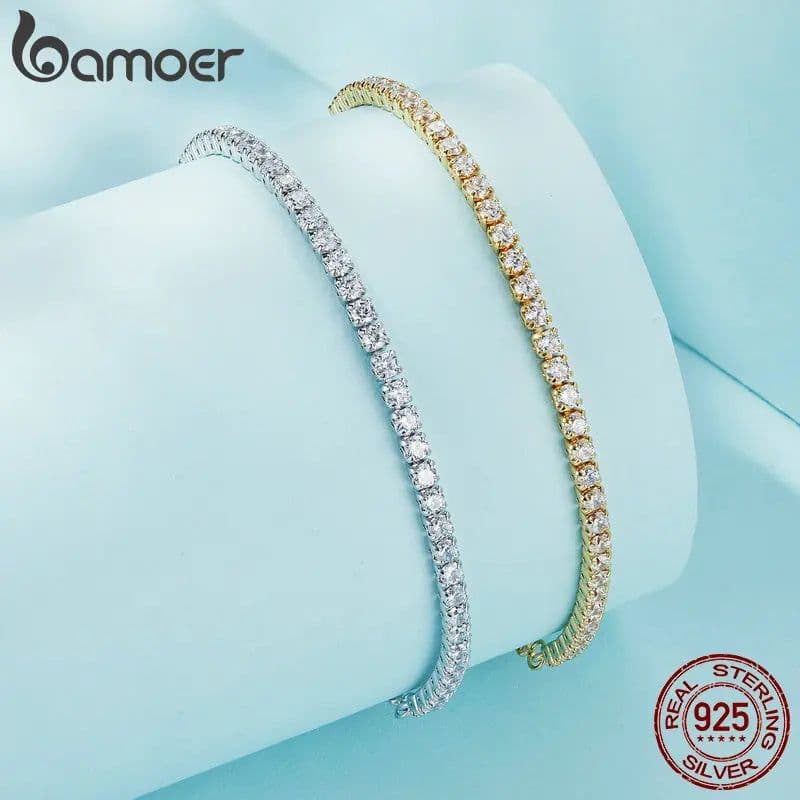 image-BAMOER 14K Gold Plated CZ Classic Tennis Bracelet for Women, 925 Sterling Silver Adjustable Slider Bracelet Wedding Jewelry Gift