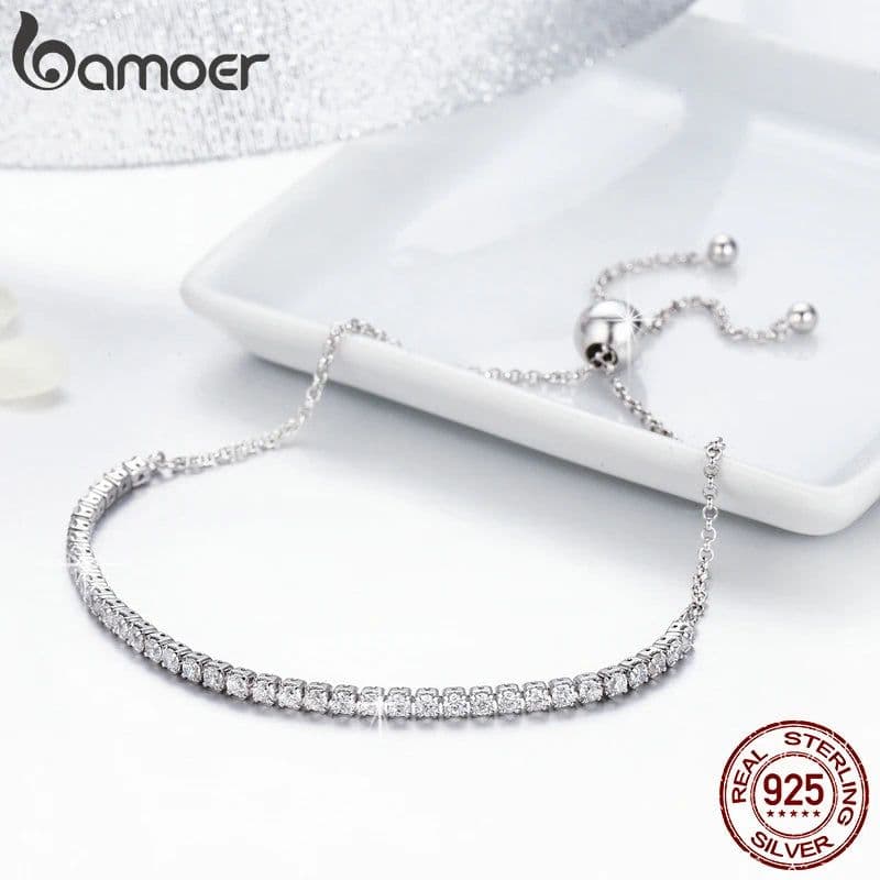 image-BAMOER 14K Gold Plated CZ Classic Tennis Bracelet for Women, 925 Sterling Silver Adjustable Slider Bracelet Wedding Jewelry Gift