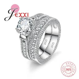 image-925 Stamped Silver Needle Ring Sets 2 PCS Bijoux Full African AAA Crystal Heart Stone Rings Romantic Wedding Best Chioce