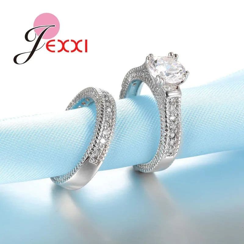 image-925 Stamped Silver Needle Ring Sets 2 PCS Bijoux Full African AAA Crystal Heart Stone Rings Romantic Wedding Best Chioce