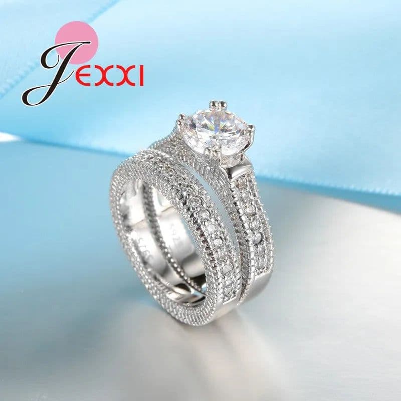 image-925 Stamped Silver Needle Ring Sets 2 PCS Bijoux Full African AAA Crystal Heart Stone Rings Romantic Wedding Best Chioce