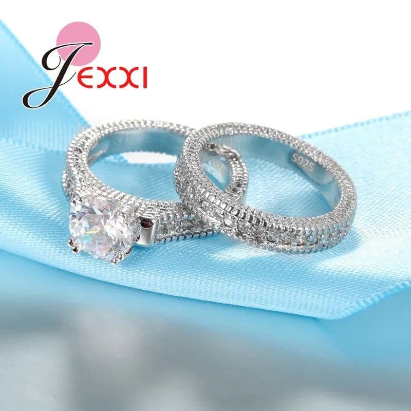 image-925 Stamped Silver Needle Ring Sets 2 PCS Bijoux Full African AAA Crystal Heart Stone Rings Romantic Wedding Best Chioce