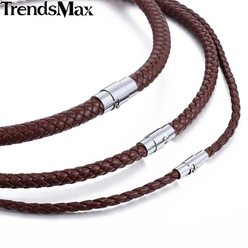 image-Man-made Leather Necklace Choker Black Brown Braided Rope Chain for Men Boy Male Jewelry Gifts collier homme Magnetic UNM27