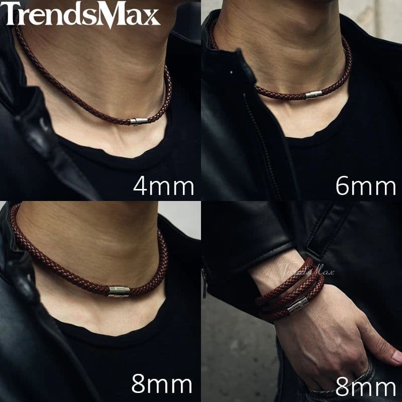 image-Man-made Leather Necklace Choker Black Brown Braided Rope Chain for Men Boy Male Jewelry Gifts collier homme Magnetic UNM27