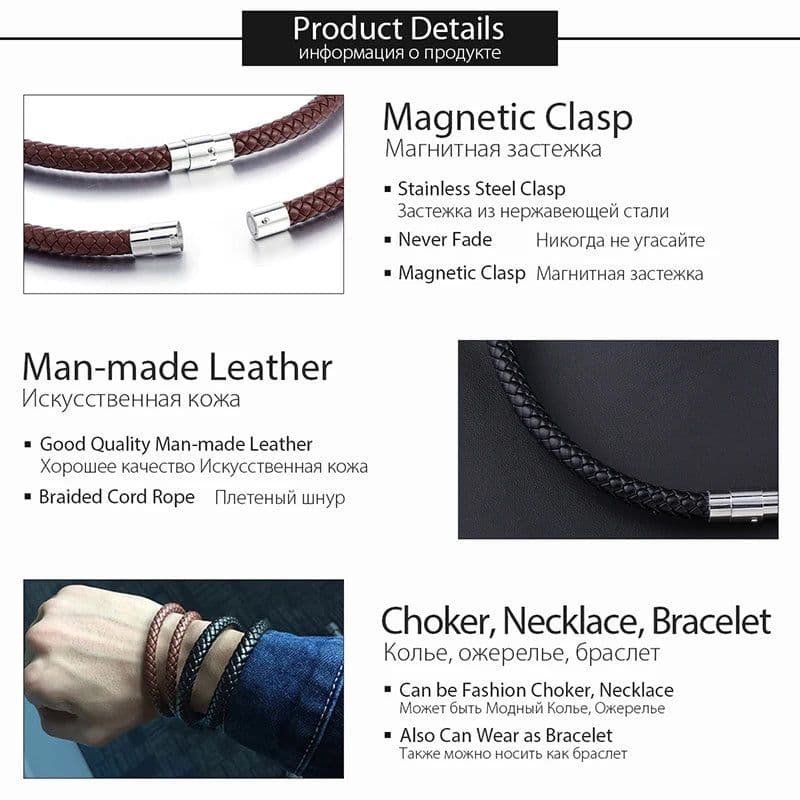 image-Man-made Leather Necklace Choker Black Brown Braided Rope Chain for Men Boy Male Jewelry Gifts collier homme Magnetic UNM27