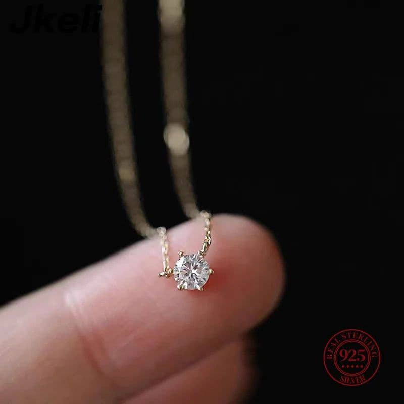 image-Jkeli 925 Sterling Silver 18k Gold Plated Necklace Single Sparkling Zircon Clavicle Chain for Women Wedding Jewelry collares