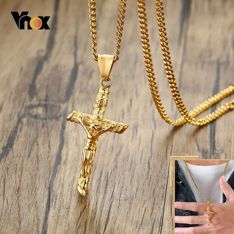 image-Vnox Cross Necklace for Men Women,Catholicism Jesus Pendant,Gold Color Stainless Steel Unisex Collar,Church Prayer Faith Jewelry