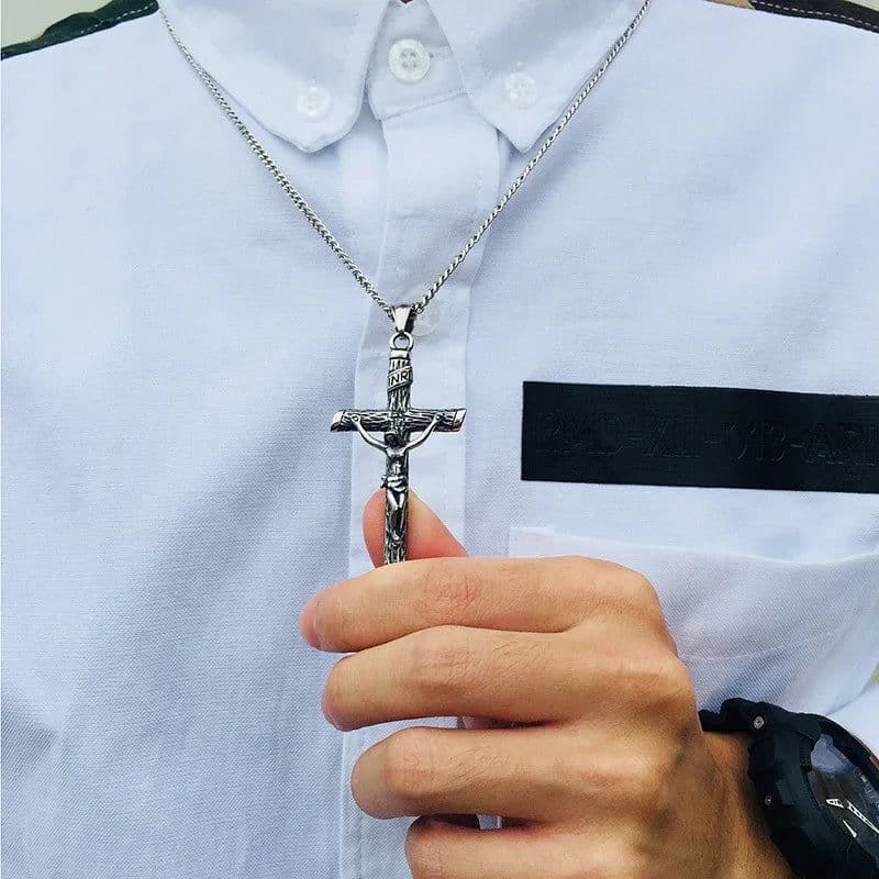 image-Vnox Cross Necklace for Men Women,Catholicism Jesus Pendant,Gold Color Stainless Steel Unisex Collar,Church Prayer Faith Jewelry