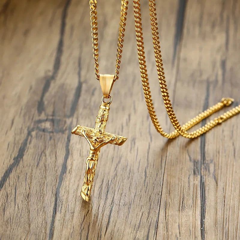 image-Vnox Cross Necklace for Men Women,Catholicism Jesus Pendant,Gold Color Stainless Steel Unisex Collar,Church Prayer Faith Jewelry