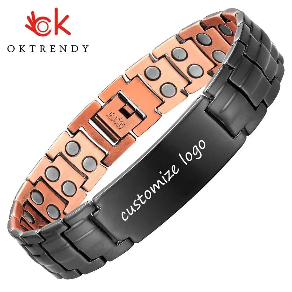 image-Copper Magnetic Bracelet Personalize ID Name Bracelets for Men Women Adjustable Wristband Bracelet Bangle Metal Jewelry Gift