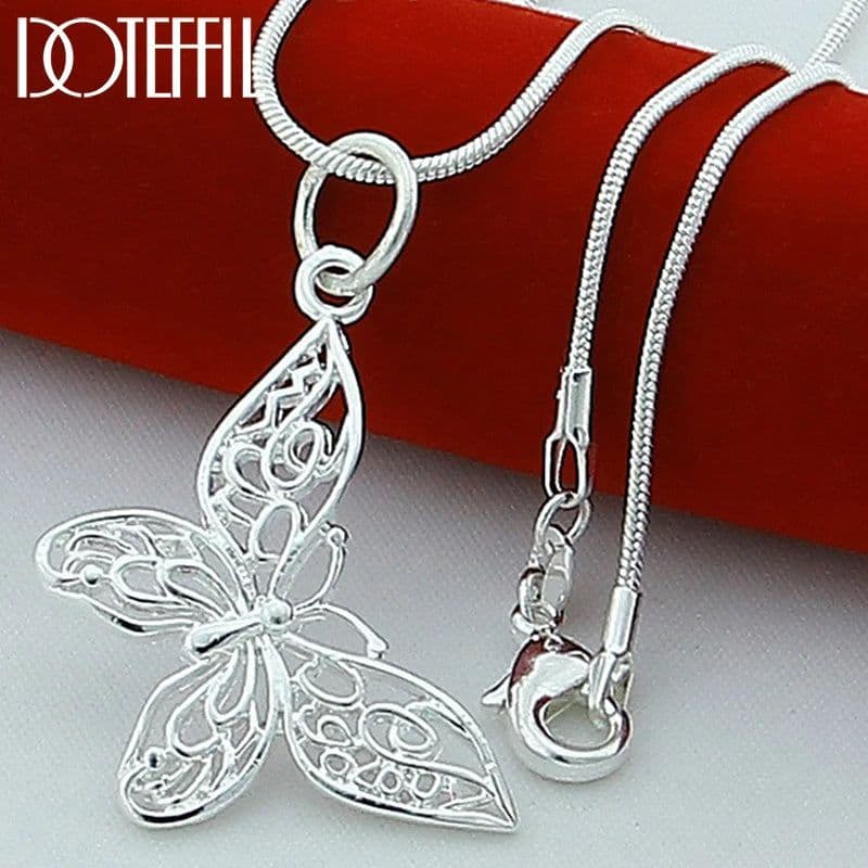 image-DOTEFFIL 925 Sterling Silver Butterfly Pendant Necklace 18/20/22/24/28/30 inch Snake Chain For Women Wedding Engagement Jewelry