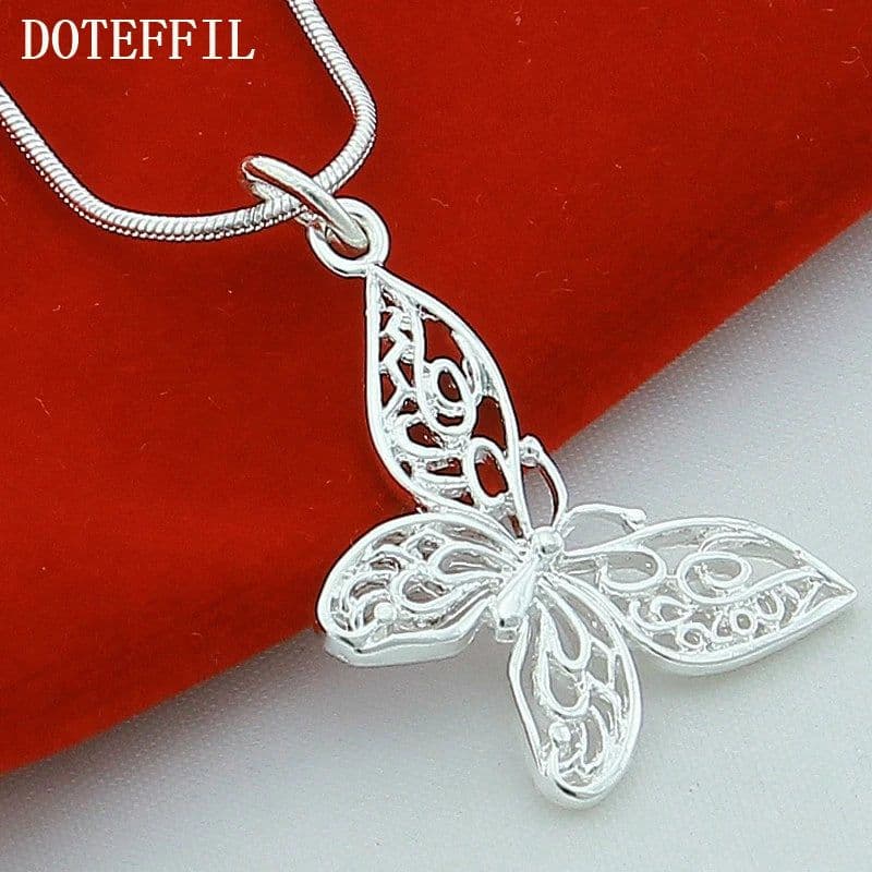 image-DOTEFFIL 925 Sterling Silver Butterfly Pendant Necklace 18/20/22/24/28/30 inch Snake Chain For Women Wedding Engagement Jewelry
