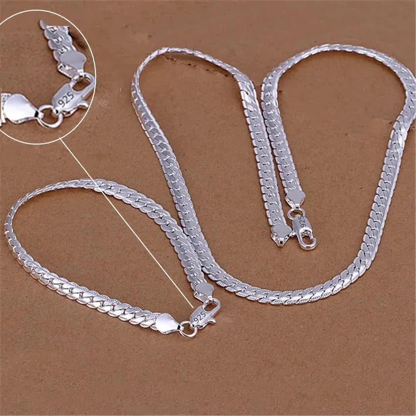 image-925 Sterling Silver Christmas Gifts European Style 6MM Flat Chain Necklace Bracelets Fashion for Man Women Jewelry Sets S085
