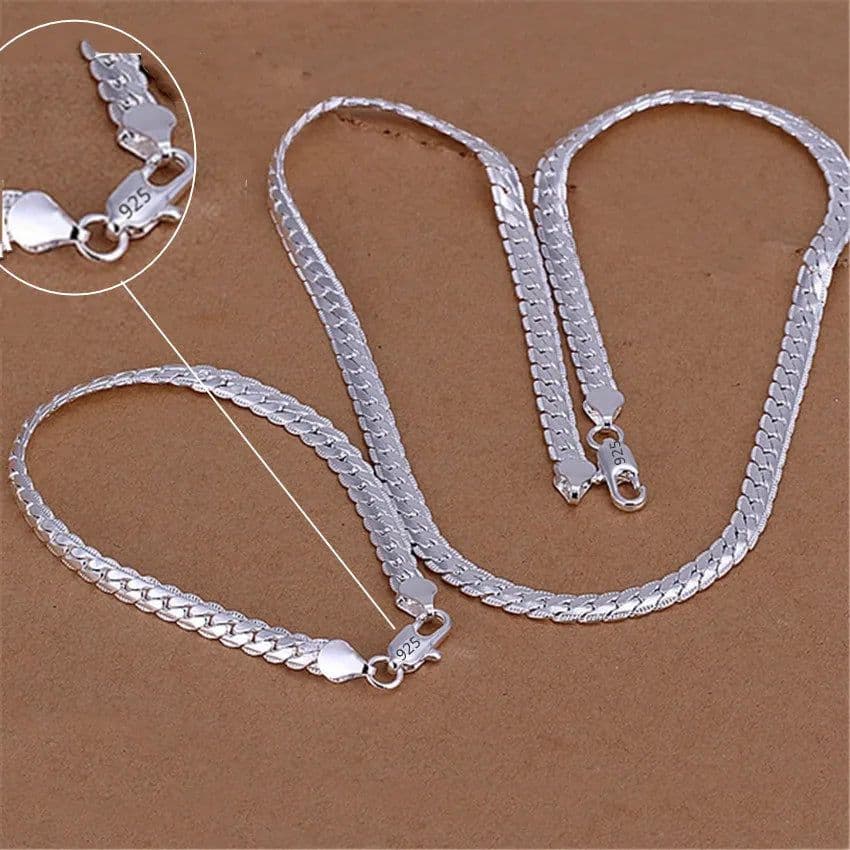 image-925 Sterling Silver Christmas Gifts European Style 6MM Flat Chain Necklace Bracelets Fashion for Man Women Jewelry Sets S085
