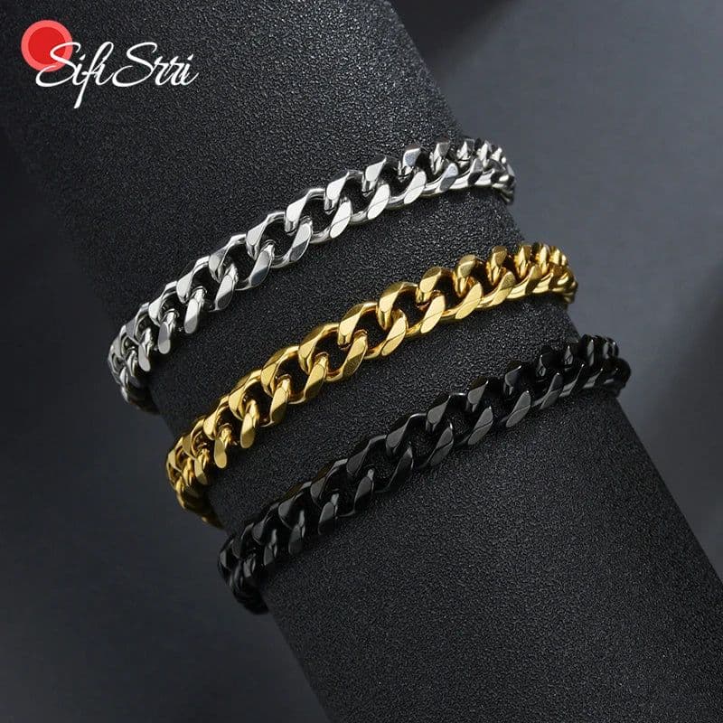 image-Sifisrri Punk Men 3/5/7mm Stainless Steel Curb Cuban Link Chain Bracelets Gold Color Solid Chains Unisex Wrist Jewelry Gift