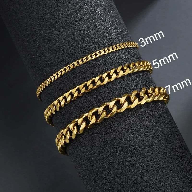image-Sifisrri Punk Men 3/5/7mm Stainless Steel Curb Cuban Link Chain Bracelets Gold Color Solid Chains Unisex Wrist Jewelry Gift