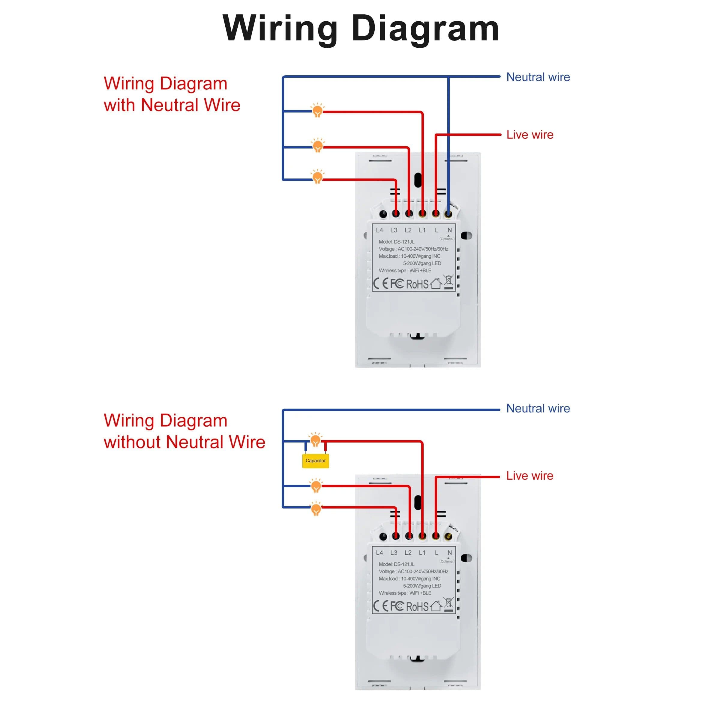 image-GIRIER Smart Wifi Touch Switch No Neutral Wire Required Smart Home 1/2/3 Gang Light Switch 100-240V Works with Alexa Hey Google